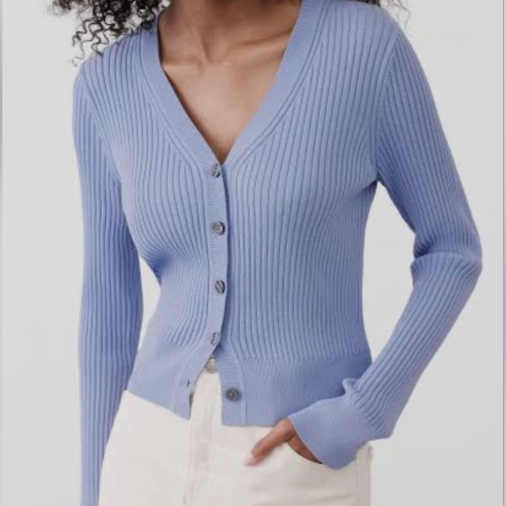 Banana Republic M Blue Ribbed Preppy Academia V-neck Cardigan Sweater EUC